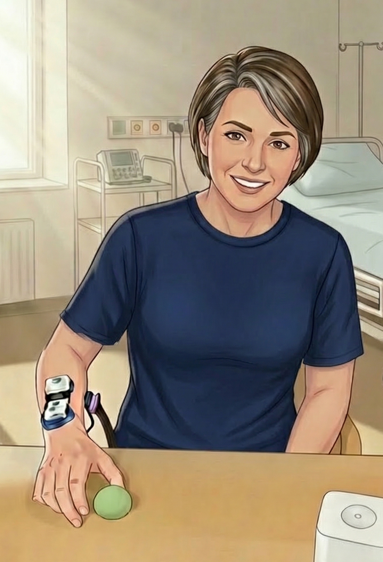 Patient using the Oraisis wearable device during rehabilitation, demonstrating grasp assistance