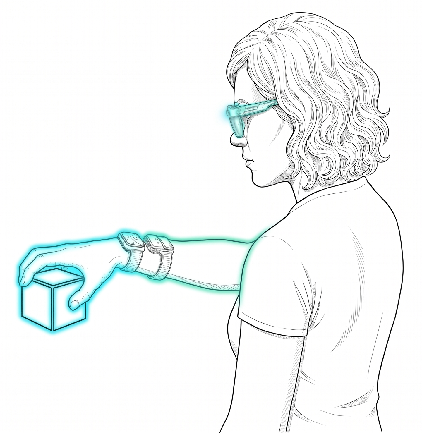 Person wearing ORAISIS smart glasses using FES-assisted arm to interact with holographic object